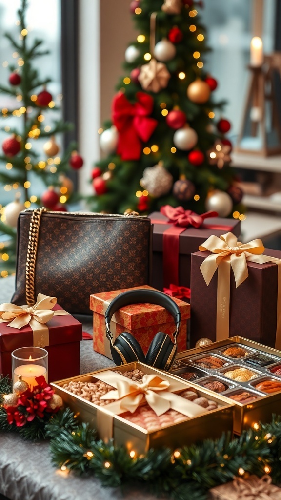 Luxurious Christmas gifts including designer items and gourmet food, displayed on a festive table.